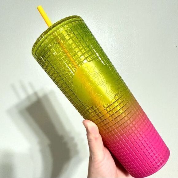 Starbucks 2022 Two Toned Grid patterned Tumbler Cup Yellow and Pink - Picture 1 of 6